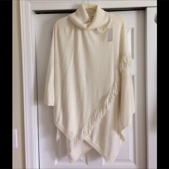 Ella Moss Fringed  Poncho cowl neckline Ivory - Picture 3 of 5